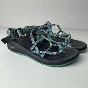 Chaco Blue Black Green Toe Strap Sandals